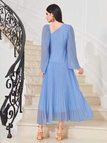 Modelyn Abito lungo elegante da donna, con maniche lunghe, collo asimmetrico e pieghe, in colore unito