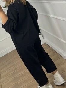 2pcs/Set Women Plus Size Solid Color Crew Neck Long Sleeve Top And Pants Casual Outfit - Black - View 2