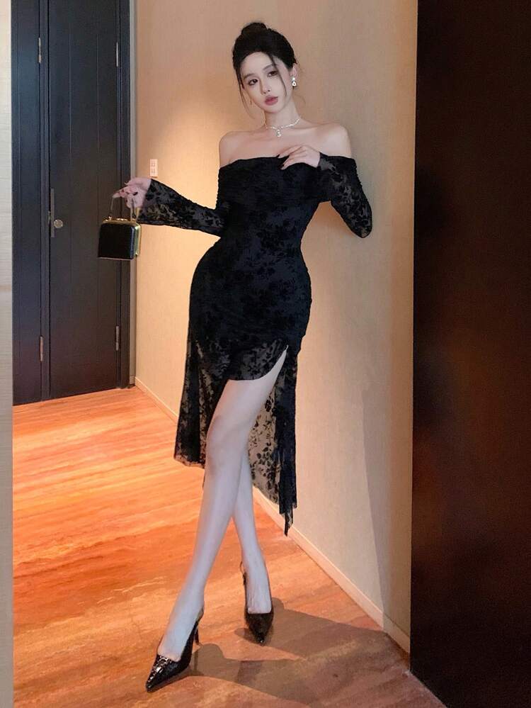 Black Floral Print Off Shoulder Long Sleeve Fitted Mid-Length Dress For Women, Made Of Flocked Flocking & Mesh Prom Dress Elegant,Formal Women Dresses New Year Eve Dress Valentine's Day