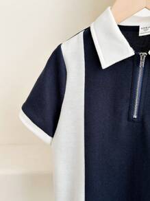 SHEIN 年轻男孩拼接撞色翻领前拉链 Polo 衫，休闲风格 - 藏蓝色 - 查看 6