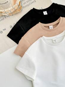 SHEIN Leap Crew 3 件儿童夏季休闲韩版纯色宽松圆领短袖 T 恤，高性价比服装，适合外出、街头装、派对 - 黑與白 - 查看 6