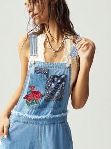 Bohemela Casual Denim Patchwork Loose Straight-Leg Bib Overall Pants For Women - Baby Blue - View 3