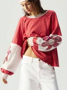 Bohemela BOHO Women's Casual Solid Color Knit Patchwork Lantern Sleeve Colorful Floral Embroidery Round Neck Loose T-Shirt - Pink - View 4