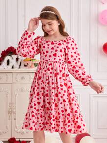 Valentine's Day Tween Girls Heart & Polka Dot Print Long Sleeve A-Line Dress, Two-Way Neckline, Spring/Summer - Red - View 4