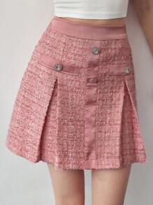 MOTF STUDIO TWEED BUTTON DECOR SKIRT,SPRING/SUMMER - Pink - View 5