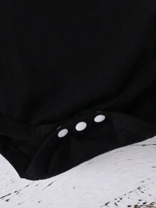 Baby Boy Gold Moon & Letter Print Bodysuit With Lighting, Simple Short Sleeve Bodysuit, Suitable For Ramadan, Spring/Summer - Black - View 3