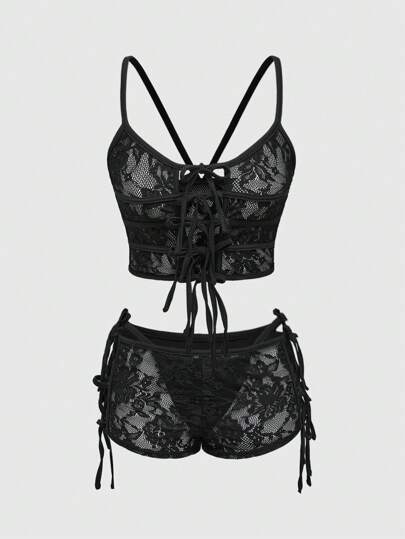 Goth Conjunto de 3 piezas: Top tipo camiseta corto con cordones al frente y estampado floral vintage, short mini [incluye ropa interior]