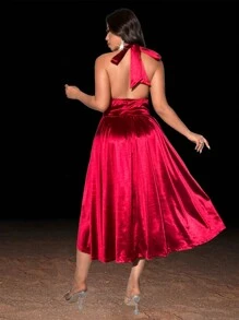 Viva Relle Plus Size Women Deep V-Neck Tie Front Sleeveless Solid Color Sexy Dress,Valentine - Burgundy - View 1