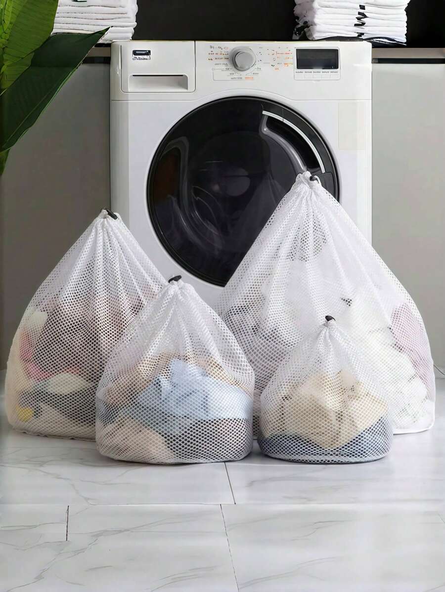 1pc Drawstring Mesh Underwear Laundry Bag, Washing Bags ,Organizer Net Washing Machine Bag For Clothes Organize, Large Capacity Dirty Laundry Bag Dress Pants Shoes Jeans Boots Skirt - White - View 1