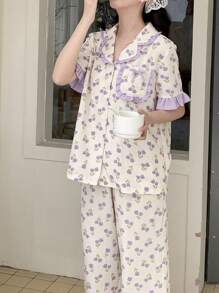 SHEIN Teen Girl Minimalist Tulip Flower Print Lapel Pocket Short Sleeve Ruffle Detail Casual Long Pants 2pcs Pajama Set Pj Sets For Teen Pjs Set Pj Sets For Teens Pj Set For Teen Pajama Sets - Purple - View 4