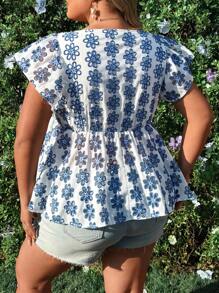 Flirla Blusa Peplum Amassada Boêmia Romântica para Férias, Plus Size, para Verão - Multicolorido - Visão 2