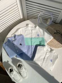 SHEIN Set de 3 camisas de moda con cuello mao, un solo botonadura, parches multicolor y bordados, diseñadas para niños, aptas para primavera, verano, otoño e invierno, uso en casa, al aire libre, en la escuela y para hacer deporte