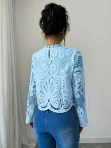 Elenzga Elegant Solid Color Lace Long Sleeve Cropped Shirt Fall Cloth For Women