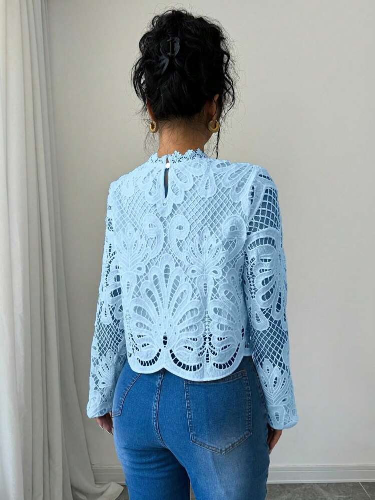 Selianne Camisa Cropped de Manga Longa e Renda de Cor Sólida Elegante - Azul bebê - Visão 2