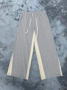 SHEIN Manfinity Dauomo 男式纯色拼接前系带休闲时尚运动裤 - 灰色 - 查看 3