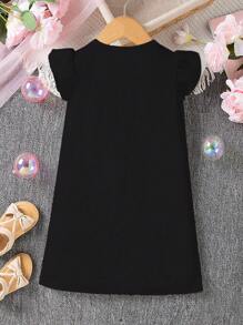 Baby Girl Moon Lantern Print Crew Neck Cap Sleeve Knitted Dress, Suitable For Ramadan