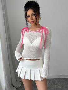 SHEIN Unity 女士优雅系带蝴蝶结针织修身套头毛衣，秋冬款 - 白色 - 查看 5