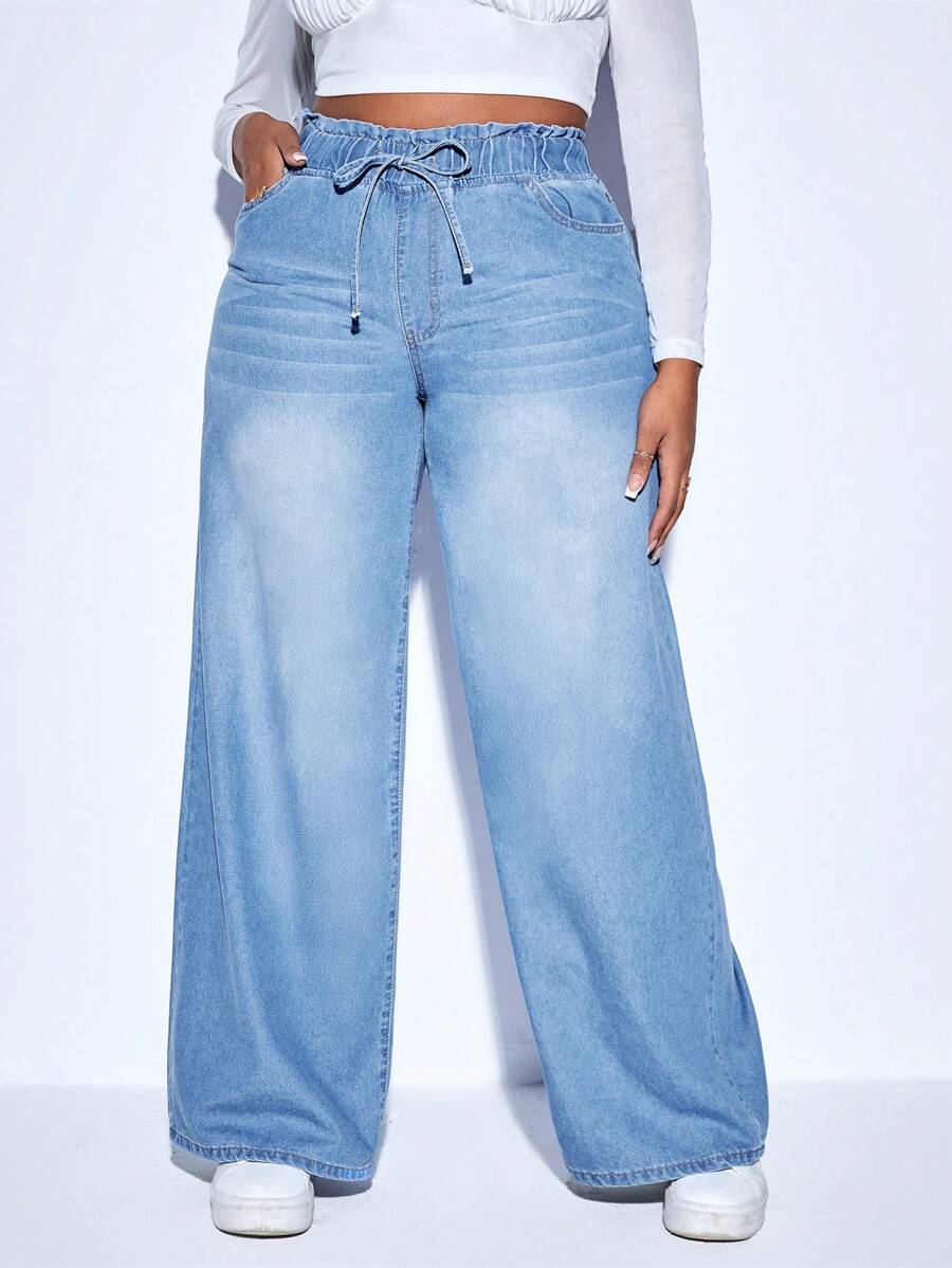SHEIN PETITE CURVE Plus Size Casual Loose Straight Leg Blue Jeans - Light Wash - View 1