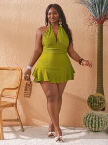 Slaydiva 夏季新款纯色绿色针织纹理面料休闲度假性感露背荷叶边下摆大码女式连体裤 - 綠色 - 查看 3