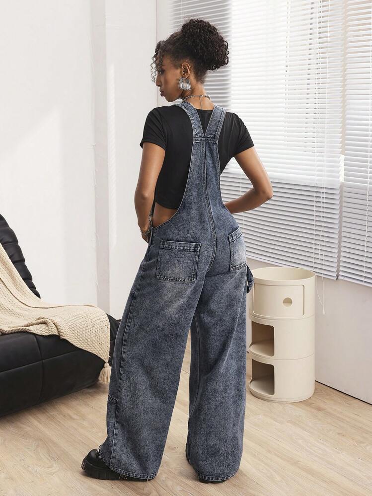 SHEIN ICON Damen-Latzhose aus Denim mit breiten Trägern und Reißverschluss vorne und Tasche - Blau - Übersicht 2