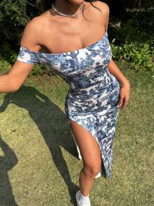 SHEIN EZwear Women's Off Shoulder Slit Allover Print Bodycon Long Dress