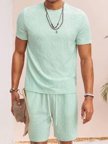Manfinity VCAY Set de 2 piezas Camiseta de manga corta suelta casual diaria y pantalones cortos con cordón en la cintura y pierna recta para hombres jóvenes