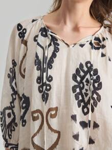 Ontre Áo thun nữ tay lỡ rộng rãi họa tiết hình học thường ngày Boho Bohemian - Màu be - Xem 4