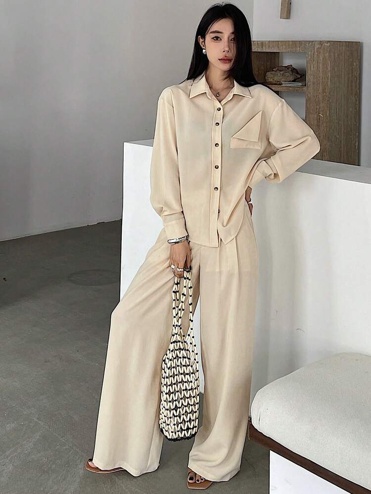2pcs/Set Women Solid Color Loose Shirt & Wide Leg Pants,Fall Women Clothes Lounge Sets For Women