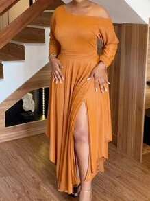 Women's Plus Size Solid Color Oblique Shoulder Long Sleeve Slit Casual Simple Dress - Orange - View 1