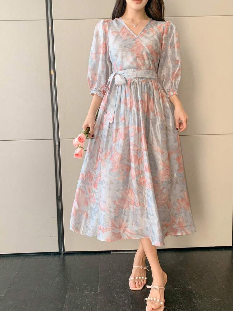 Women's Ditsy Floral Wrap Around High Waist Mid-Length Spring Dress, Ruffle Vacation Outfits Women Dress Boho