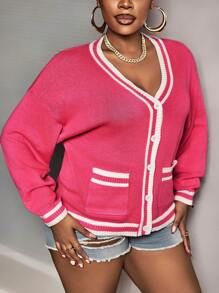 Slaydiva Plus Size Women Colorblock Trim Casual College Style Cardigan, Suitable For Valentine's Day - Multicolor - View 6