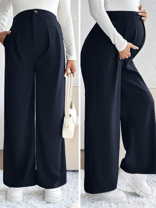 SHEIN Pantalon casual ample à jambes larges avec poche et plis pour femme enceinte