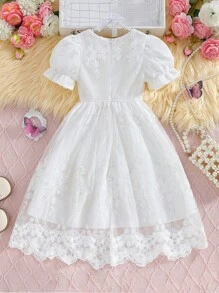 Glamorique Kids 1 pieza Vestido blanco de princesa elegante con manga abombada y ribete de encaje para niñas, de verano - Blanco - Ver 9