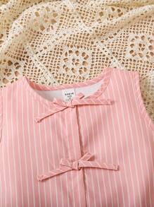 2pcs/Set Young Girl Sleeveless Striped Simple Top And Shorts Set - Pink - View 4
