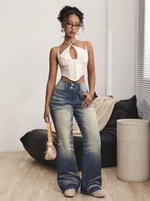SHEIN ICON Jeans de mezclilla con bolsillo delantero y botones, para uso diario casual de mujer