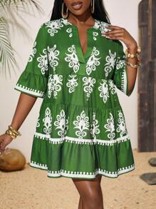 Slaydiva Vestido corto de mujer de manga corta, cuello alto, abotonado, con patrón de costura multicapa, elegante y casual, ideal para primavera y verano