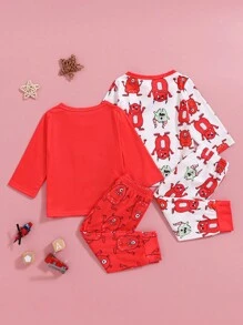 SHEIN 4 件套男童可爱怪物图案印花套装，这款男童可爱怪物图案印花套装完美结合了舒适性和趣味性，让您的宝宝每次穿着都能展现可爱和活泼，无论是日常穿着、家庭聚会还是户外活动，这款套装都能为您的宝宝提供舒适时尚的穿着体验 - 紅色 - 查看 2