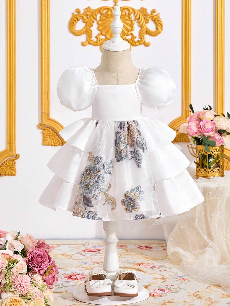 SHEIN Leap Crew Baby Girl Floral Print Elegant Chic Summer Dress - White - View 1
