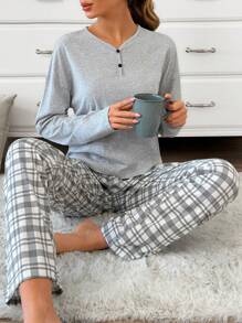 RueChic 2pcs Cotton Contrast Colour Button Detail Shirt And Plaid Pattern Lounge Bottom Homewear Set - Grey - View 4