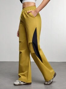 Women's Solid Color Patch Front Tie Up Pocket Simple Casual Sports Pants - Yellow - View 2