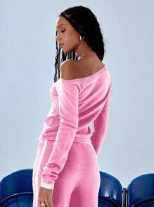 MUSERA 不对称肩部针织撞色腕口上衣 春季休闲 2000 年代 90 年代 - 粉色 - 查看 2