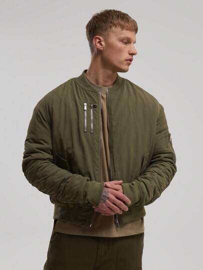 Musero Chaqueta bomber acolchada extra grande con cremallera doble, detalles de cremallera, sin capucha, para otoño e invierno