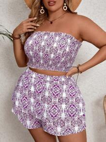 SHEIN VCAY 2pcs Plus Size Set - Minimalist Fashion Camisole And Shorts, Casual Everyday Wear - Purple - View 1