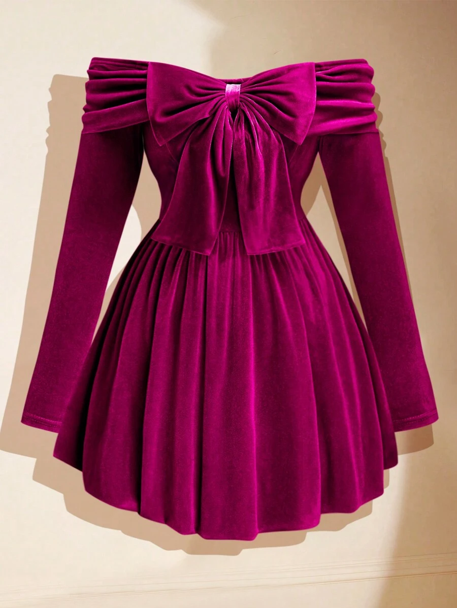 Flirla Plus Size Women Off Shoulder Velvet Glittery Exaggerated Bow Elegant Cute Party Dress - Red Violet - View 1