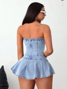 SHEIN ICON Women's Button Front Mini Ruched Casual Denim Dress - Blue and White - View 5