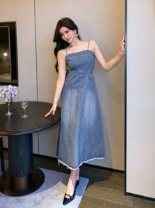 DAZY 女式宽松休闲吊带磨边牛仔连衣裙太阳裙 - 中等水洗藍 - 查看 1