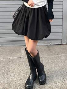 FRIFUL Women's Black A-Line Mini Skirt Balloon Skirt, Summer - Black - View 4
