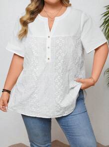 SHEIN CURVE+ 女士大码休闲宽松舒适棉质刺绣 V 领短袖衬衫 - 白色 - 查看 8