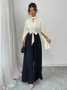 Elenzga Mono elegante y romántico de mujer con cuello triangular, de crepe con bloques de color y calado