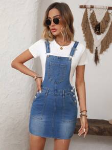 SHEIN LUNE Women's Wide Strap Button Pocket Casual Denim Bib Pants - Blue - View 6